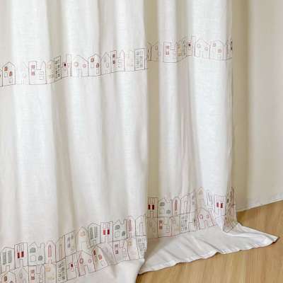 Custom Made MAISONEA Sheer Curtain, Cotton Blend Voile with Embroidered Little House Border