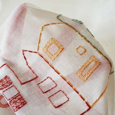 Custom Made MAISONEA Sheer Curtain, Cotton Blend Voile with Embroidered Little House Border