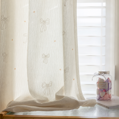 Custom Made SOLENNE Sheer Curtain, Textured Printed Voile with Delicate Bow and Polka Dot Pattern