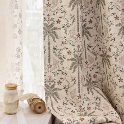 Custom Made PALMERIA Curtain, Yarn-Dyed Jacquard Fabric with Retro Palm and Tropical Foliage Pattern