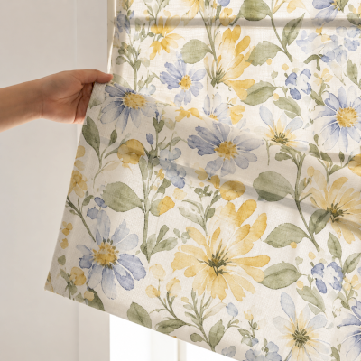 Store Bateau Sur Mesure CALÉNIA, Tissu Effet Lin Imprimé, Motif Floral Aquarellé