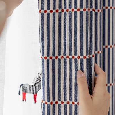 Custom Made VARENA Chenille Curtain, Blue Graphic Stripes in Bauhaus Style