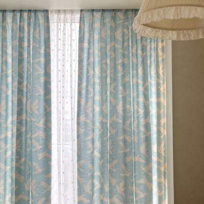 Custom-made COLOMBÉA curtain, printed cotton and linen fabric, dove in flight motif