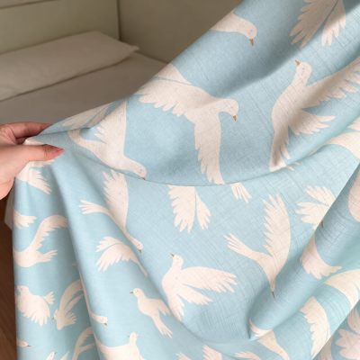 Custom-made COLOMBÉA curtain, printed cotton and linen fabric, dove in flight motif