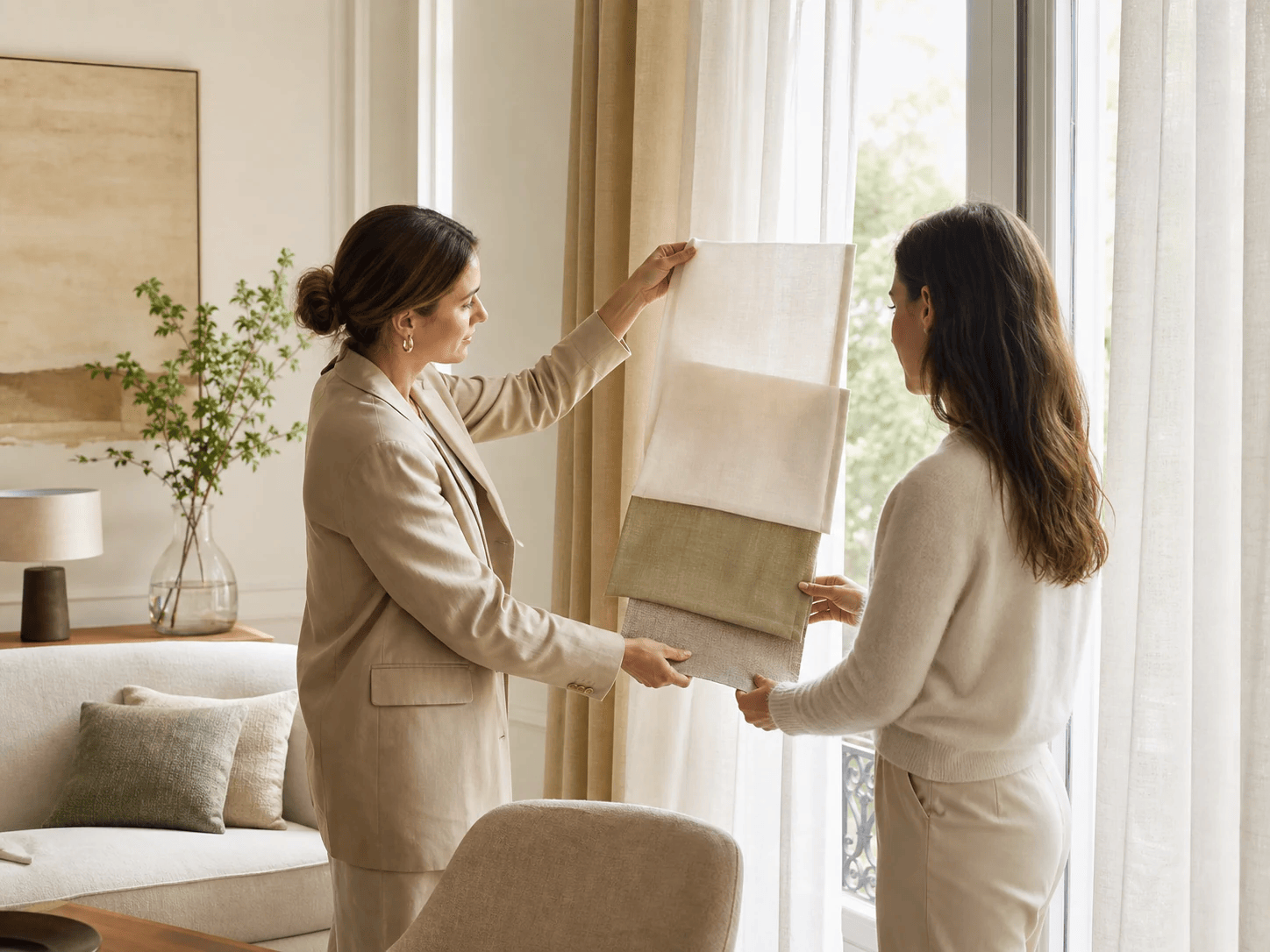 Conseil deco a domicile avec tissus devant une fenetre