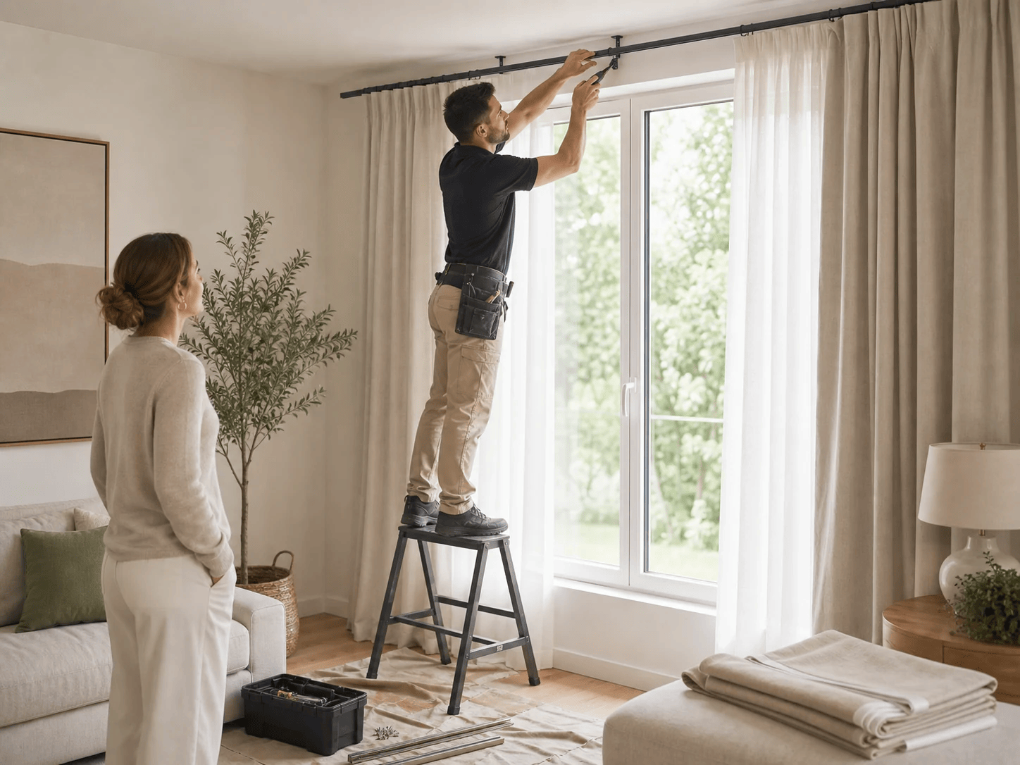 Installation de rideaux par un professionnel
