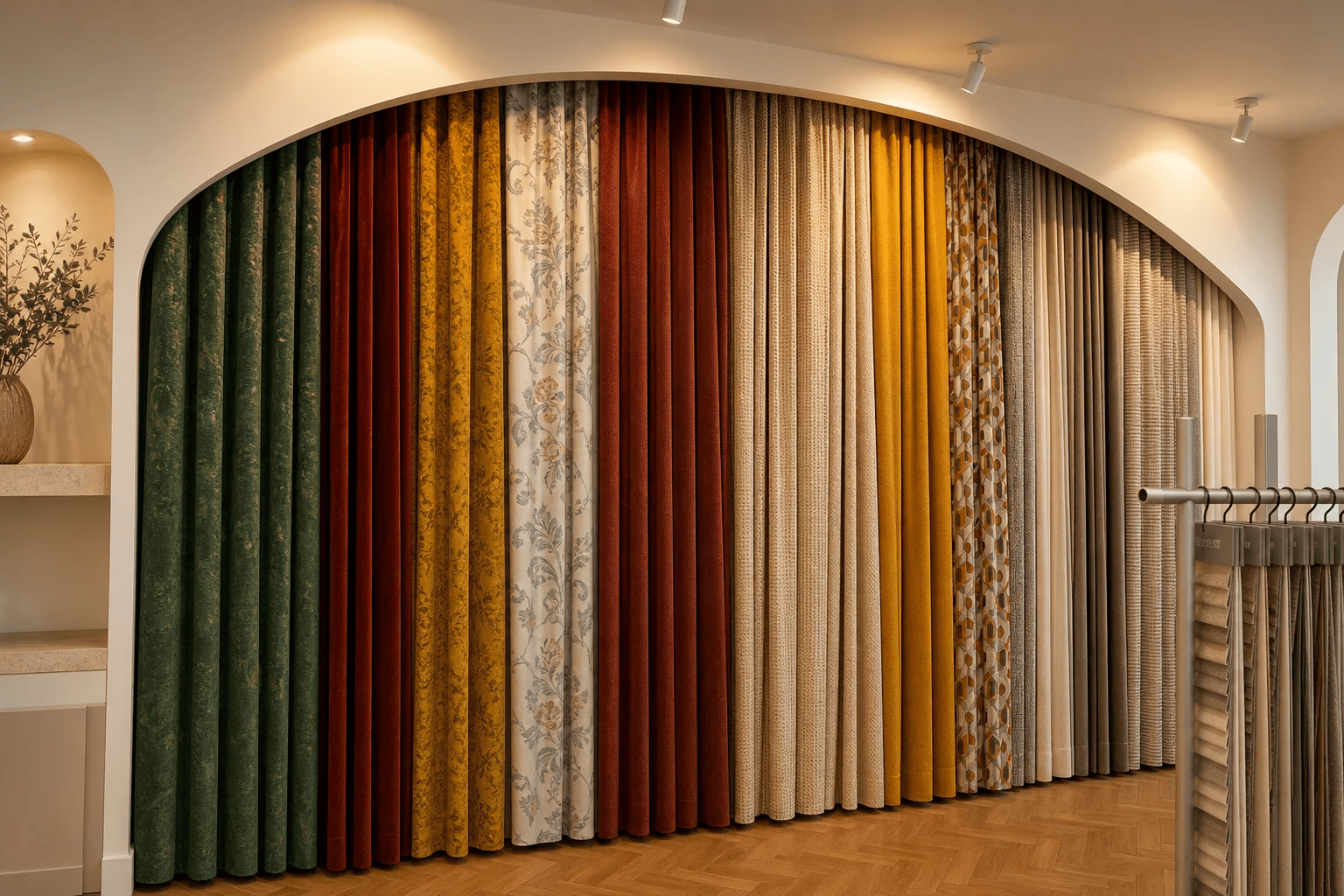 Mur de tissus et rideaux dans la boutique Sophora Déco