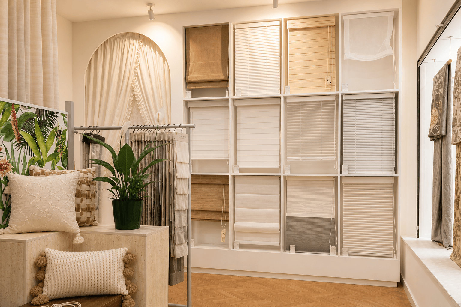Mur de stores intérieurs dans la boutique Sophora Déco