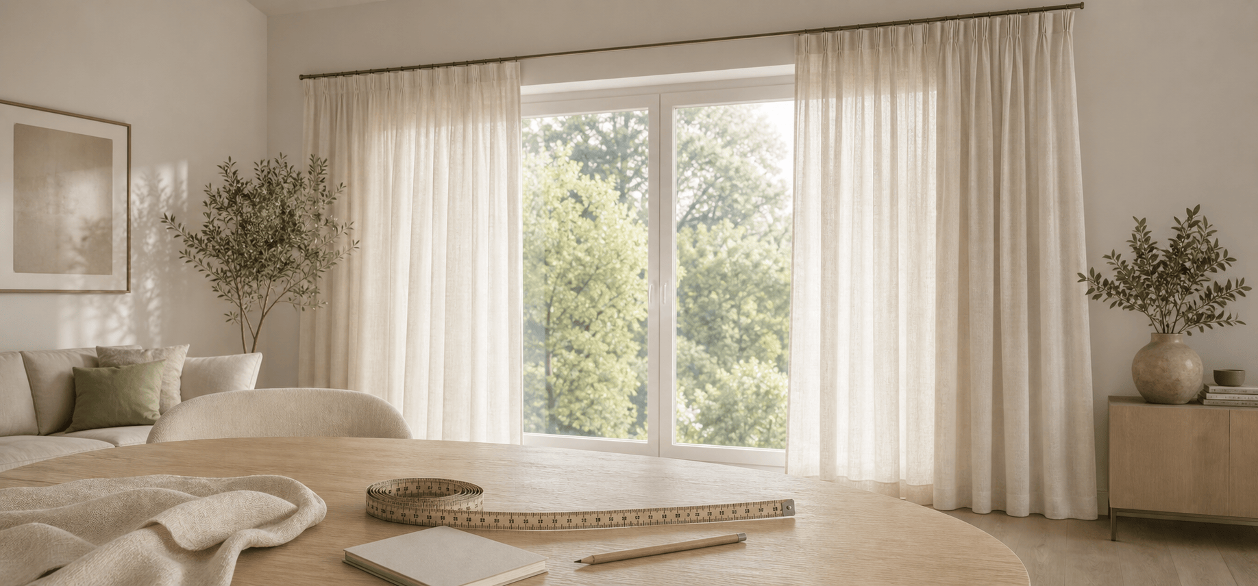 Rideaux sur mesure et mètre ruban dans un intérieur Sophora Déco